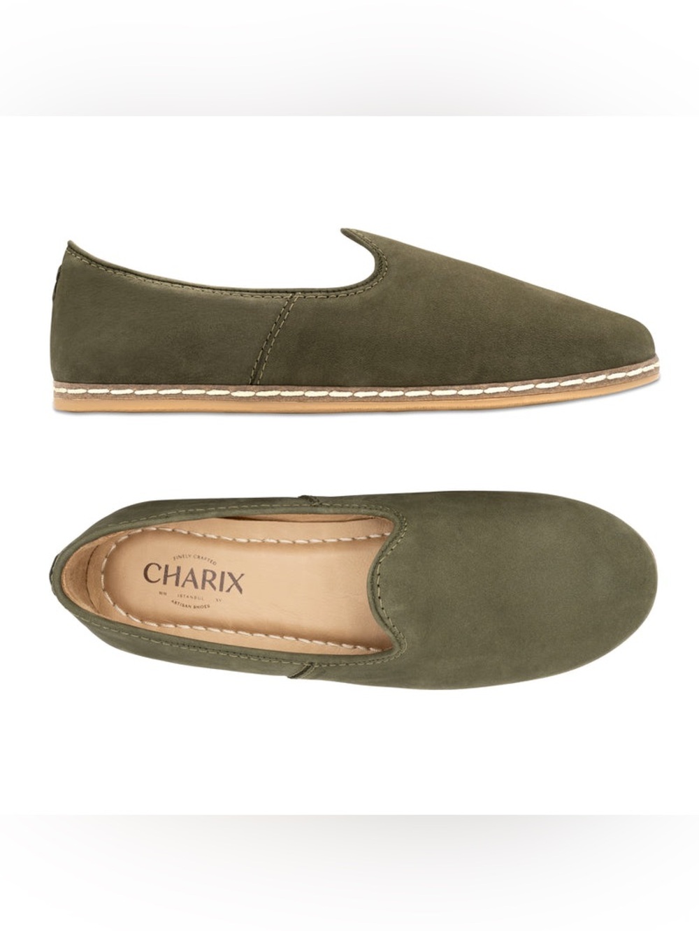 Charix Olive Suede Nubuck Slip-On Loafers